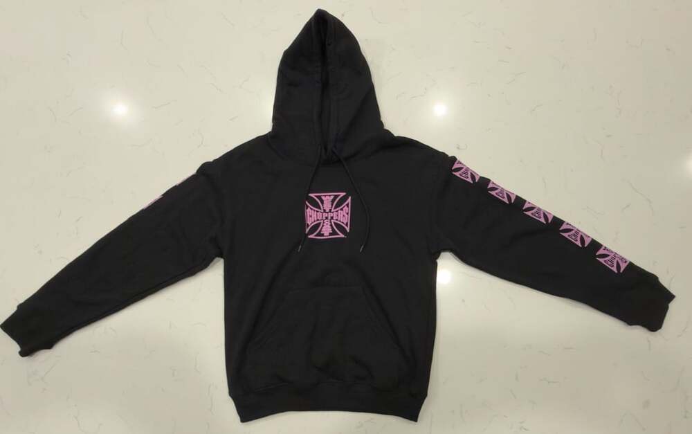 West Coast Choppers Black Pullover Hoodie with Pink Cross Logo and Sleeve Graphi